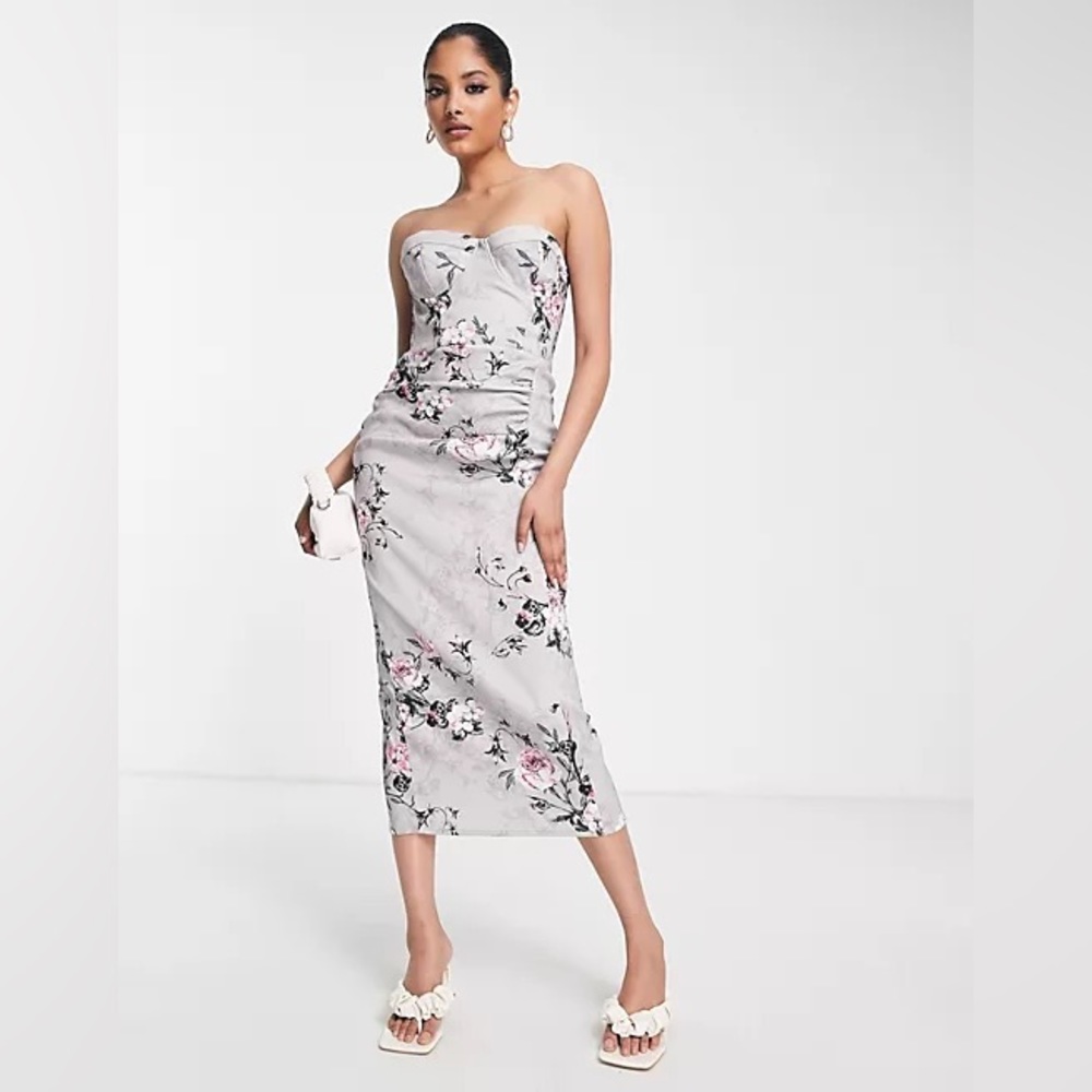 ASOS True Violet corset bandeau midi dress in silver and pink floral print